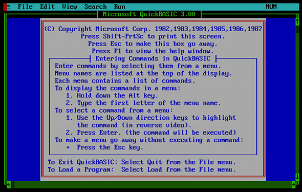 The opening screen of Quick BASIC 3